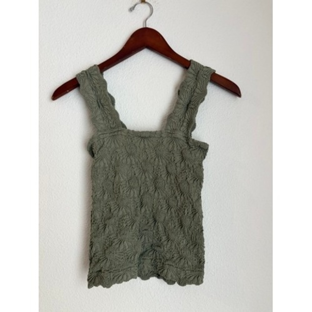 Olive Green Popcorn Knit Smocked Floral Tank Top Square Neck Medium